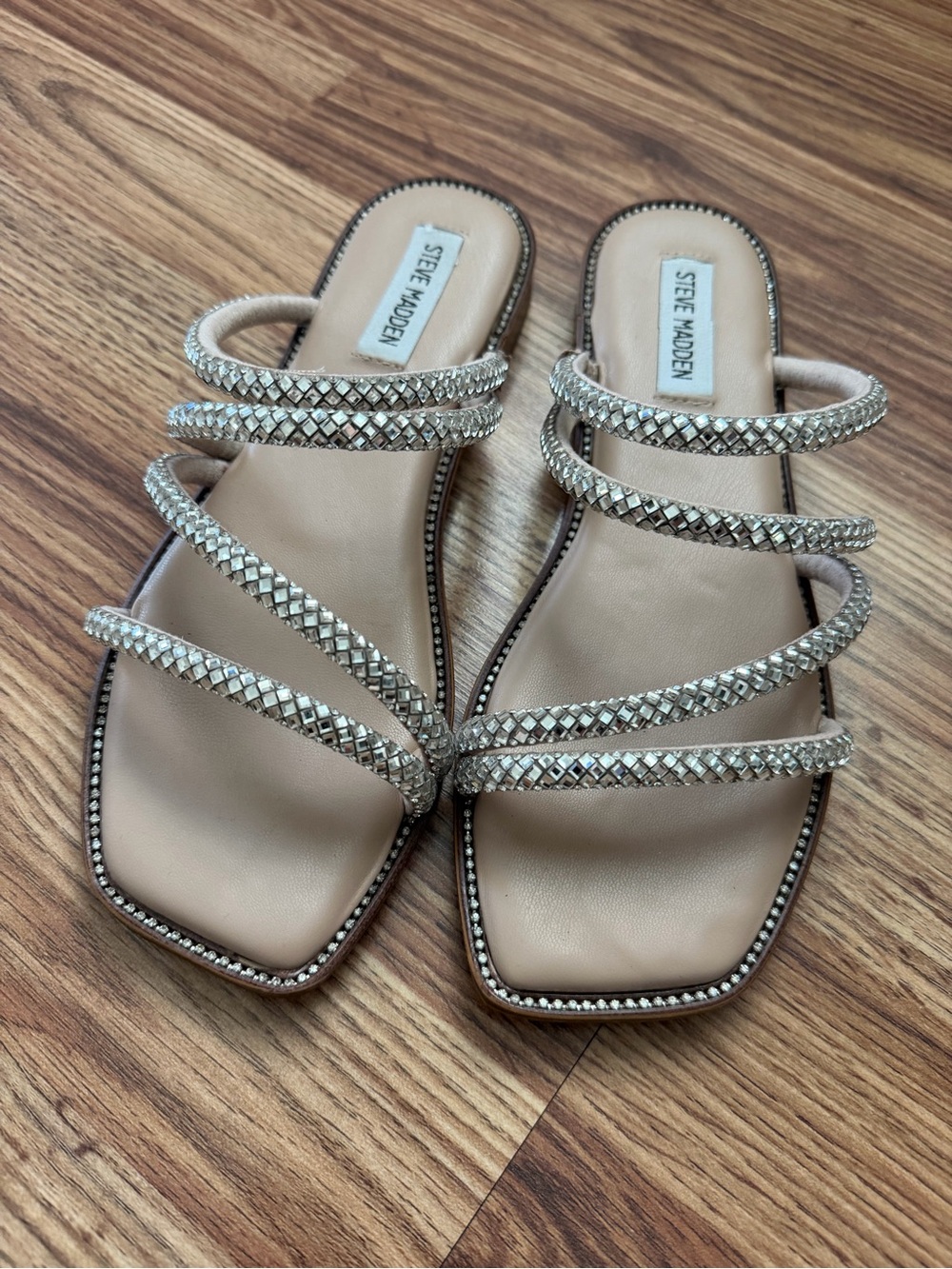 Steve Madden Beige Jeweled Multi-Strap Slide Sandals